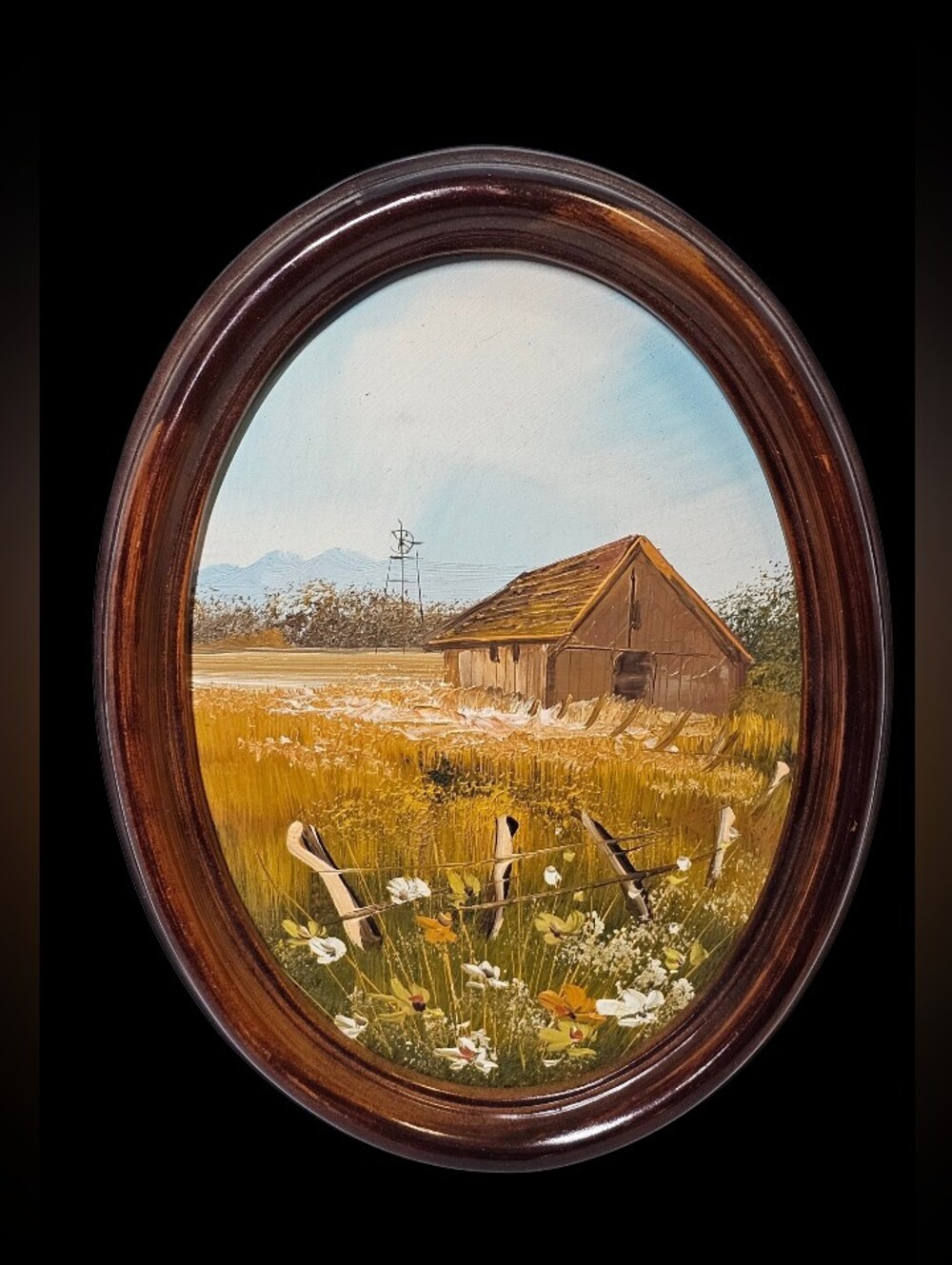 Vintage Original Framed Oval Landscape Oil Painting Barn Windmill Farm Ranch